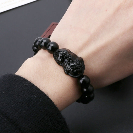 1Pc Feng Shui Pi Xiu Obsidian Bracelet 12mm Thai Buddhist Collectible Amulet