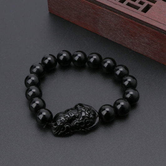 1Pc Feng Shui Pi Xiu Obsidian Bracelet 12Mm Thai Buddhist Collectible Amulet