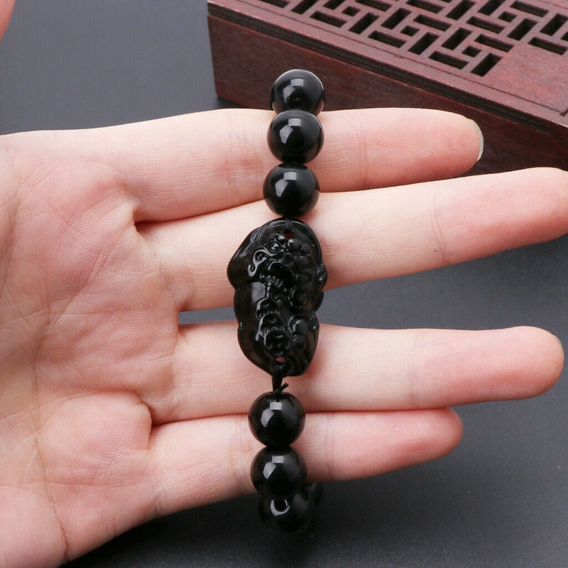 1Pc Feng Shui Pi Xiu Obsidian Bracelet 12Mm Thai Buddhist Collectible Amulet