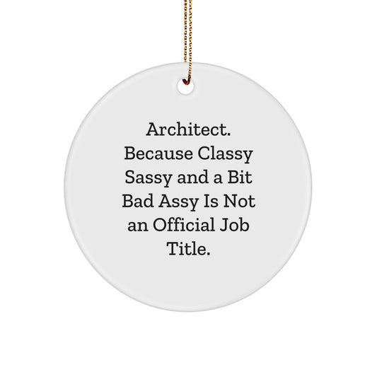 Architect Gifts from Friends, Inspirational Circle Ornament for Men, White Circle Shaped, 'Architect. Because Classy Sassy And A Bit Fearlessy Is Not An Official Job Title.' Funny Gift for Christmas - Image 1
