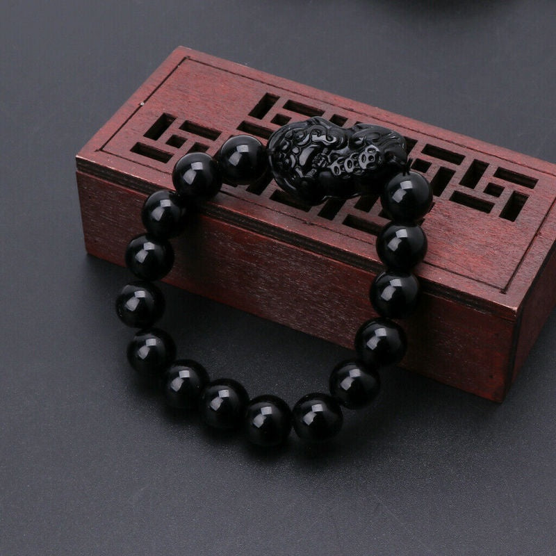 1Pc Feng Shui Pi Xiu Obsidian Bracelet 12Mm Thai Buddhist Collectible Amulet
