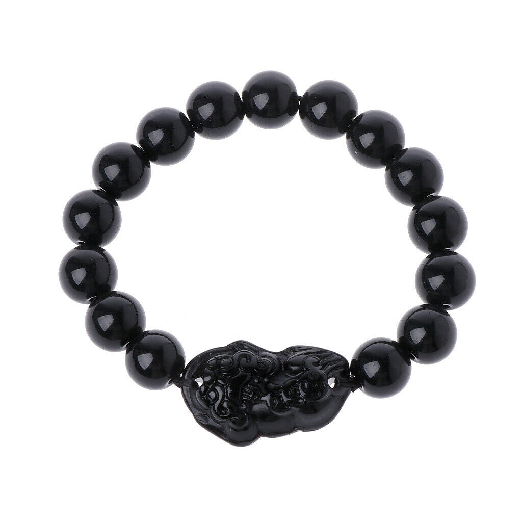 1Pc Feng Shui Pi Xiu Obsidian Bracelet 12Mm Thai Buddhist Collectible Amulet