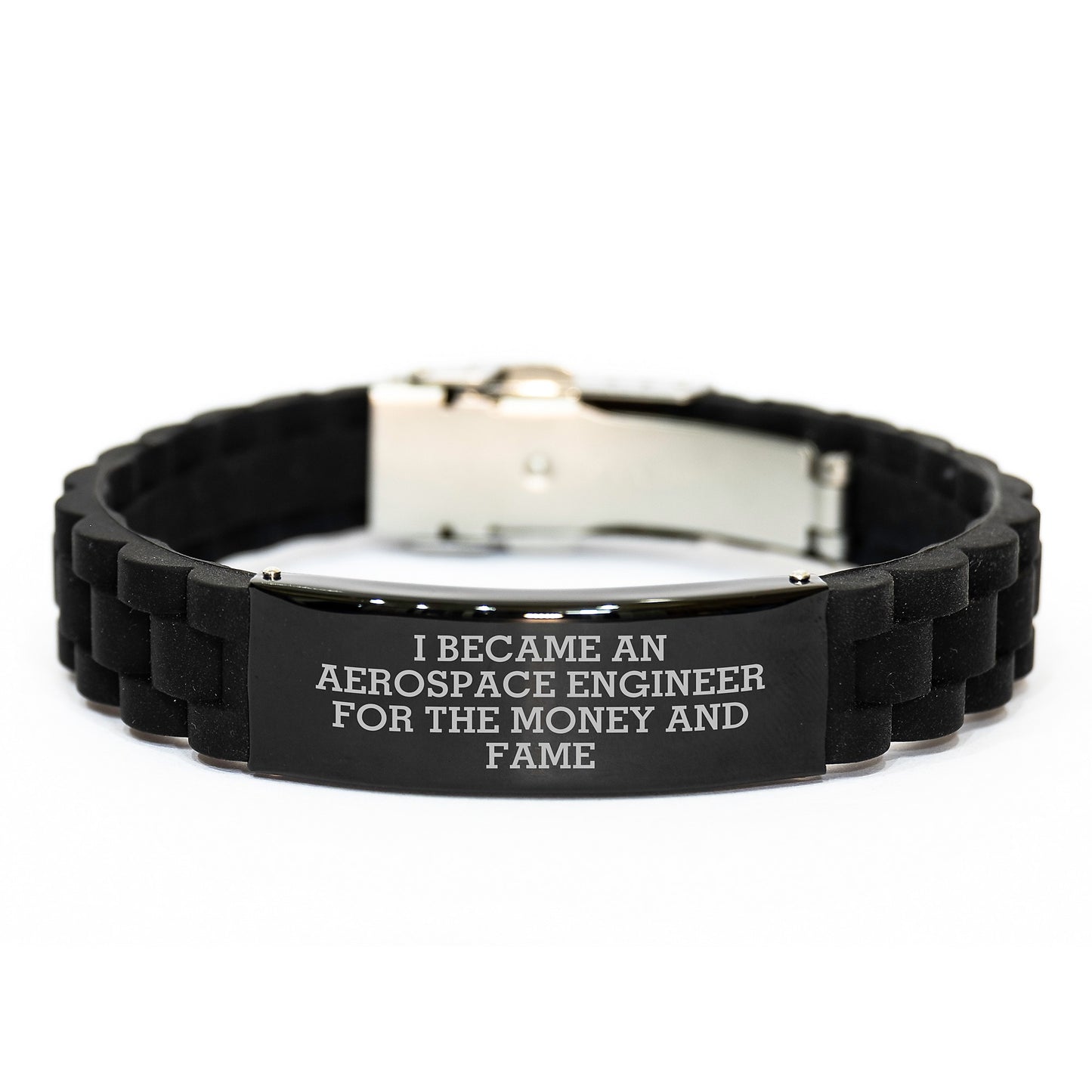 Aerospace Engineer Gifts for Him Funny Valentine's Glide lock Clasp Bracelet, 'I Became An Aerospace Engineer For The Money And Fame' Silver Black Stainless Steel Silicone Adjustable - Image 1